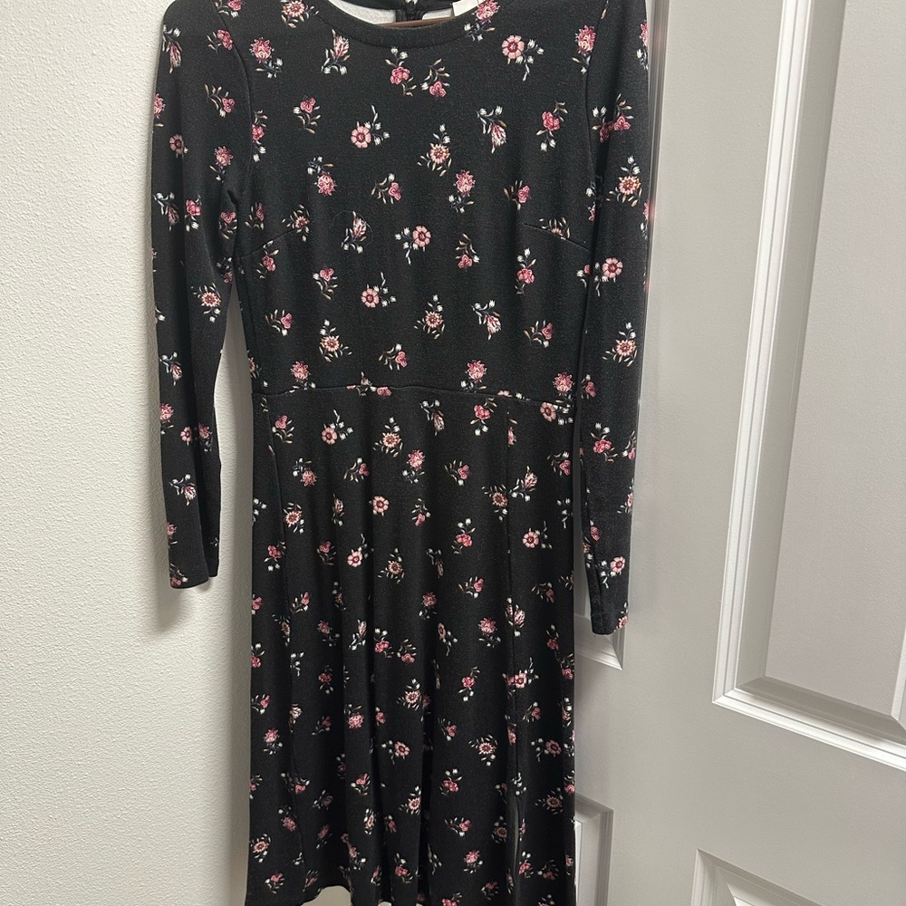 LOFT Black Dress with Pink Floral Design